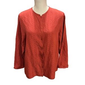 Eileen Fisher Rust Red Silk Linen Textured Button-Down Shirt Lagenlook Large